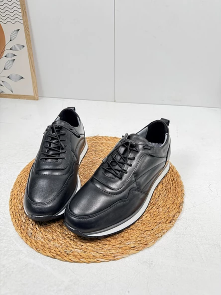 Günlük Erkek Ayakkabı İçi Dışı Hakiki Deri Casual Lastik Bağcıklı Beyaz Tabanlı Comfort Sneaker 5080 - 3