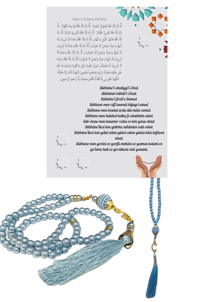 Namaz Tesbihi Vavlı 99'lu Cam İncili İsmi Azam Dua Kartı ile Mavi Renk Hediyelik - 2