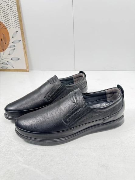 Günlük Siyah Erkek İçi Dışı Hakiki Deri Makosen Bağcıksız Kışlık Casual Ayakkabı 155