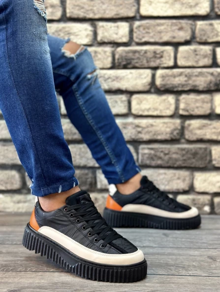 BA0801YÜKSEK TABAN SİYAH TURUNCU PARAŞÜT KUMAŞ CİLT DETAYLI ERKEK AYAKKABI