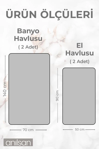 4'lü Gri Havlu Seti %100 Pamuk  - 2 Adet El Havlusu 50x90 ve 2 Adet Banyo Havlusu 70x140