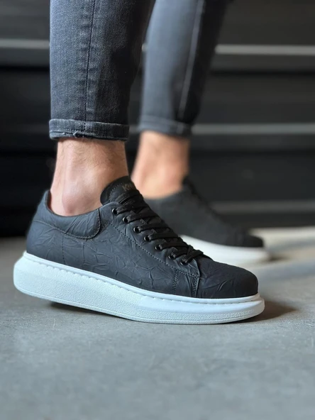 Pabucmarketi Erkek Günlük Ayakkabı Kalın Hafif Taban Siyah Beyaz Taban (Desenli) - Resim 2