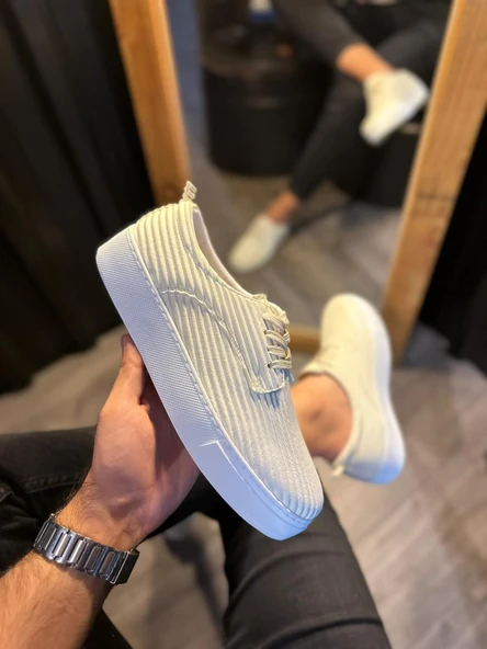 Pabucmarketi Fitilli Desenli Günlük Erkek Ayakkabı Beyaz - Resim 2