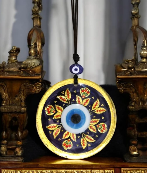 Kırmızı Yapraklı Nazar Boncuklu Altın Rengi Füzyon Cam Duvar Süsü - 4