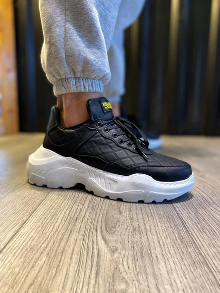 Pabucmarketi Erkek Günlük Ayakkabı Yüksek Taban Kapitone Siyah (Beyaz Taban) - Resim 2