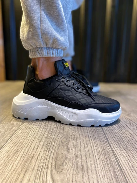 Pabucmarketi Erkek Günlük Ayakkabı Yüksek Taban Kapitone Siyah (Beyaz Taban) - Resim 4