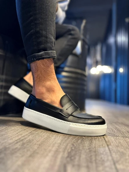 Pabucmarketi Erkek Günlük Klasik Ayakkabı Siyah Beyaz Taban - 3