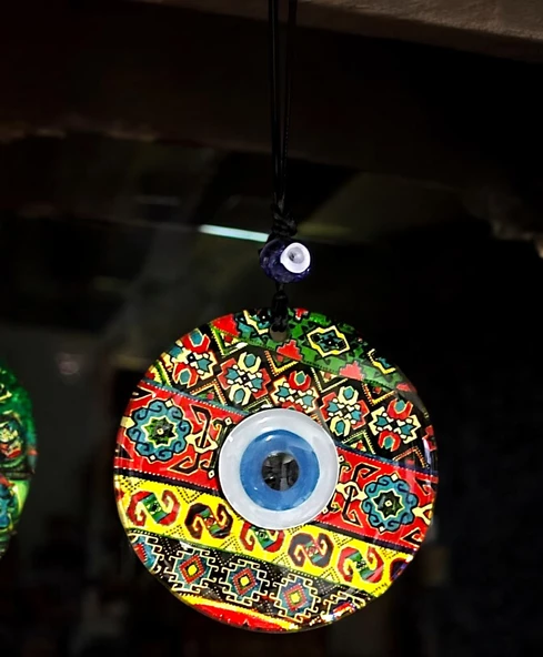 Etnik Desen Nazar Boncuklu Altın Rengi Füzyon Cam Duvar Süsü - 5