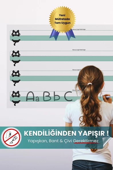 Kedili Kılavuz Çizgili Yazı Tahtası, Yeni Müfredata Uygun, İz Bırakmayan Sihirli Akıllı Kağıt Tahta ürün görseli 1