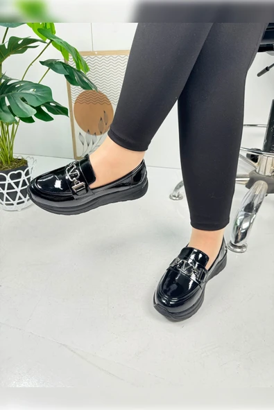 Günlük Kadın Loafer V Tokalı Kalın Topuklu Tırtıklı Tabanlı Oval Burunlu Makosen Ayakkabı 7697 - 5