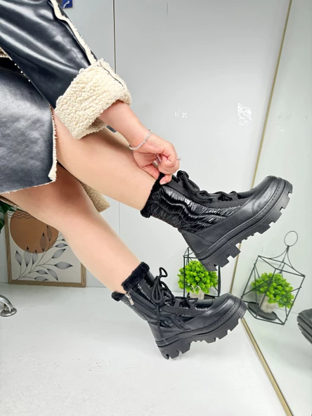 Günlük Kadın Kar Botu Kürklü Bağcıklı Fermuarlı Rahat Yüksek Kalın Tırtıklı Taban Bootie 7441 - 9