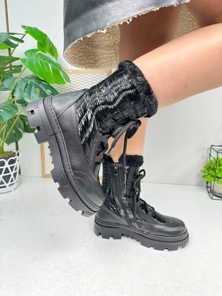 Günlük Kadın Kar Botu Kürklü Bağcıklı Fermuarlı Rahat Yüksek Kalın Tırtıklı Taban Bootie 7441 - 5