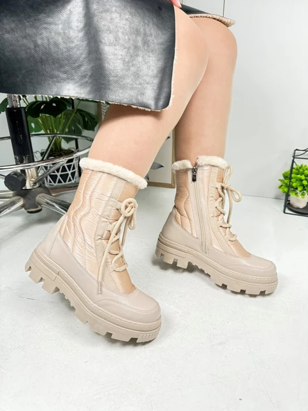 Günlük Kadın Kar Botu Kürklü Bağcıklı Fermuarlı Rahat Yüksek Kalın Tırtıklı Taban Bootie 7441 - 4
