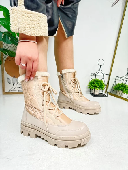 Günlük Kadın Kar Botu Kürklü Bağcıklı Fermuarlı Rahat Yüksek Kalın Tırtıklı Taban Bootie 7441 - 12