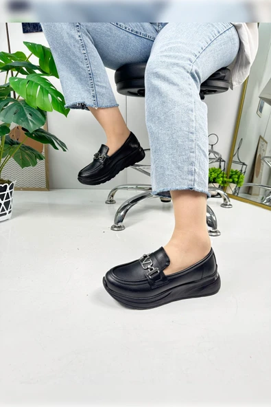 Günlük Kadın Loafer V Tokalı Kalın Topuklu Tırtıklı Tabanlı Oval Burunlu Makosen Ayakkabı 7697 - 6