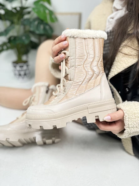 Günlük Kadın Kar Botu Kürklü Bağcıklı Fermuarlı Rahat Yüksek Kalın Tırtıklı Taban Bootie 7441