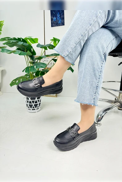 Günlük Kadın Loafer V Tokalı Kalın Topuklu Tırtıklı Tabanlı Oval Burunlu Makosen Ayakkabı 7697 - 4