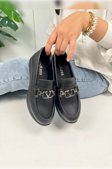 Günlük Kadın Loafer V Tokalı Kalın Topuklu Tırtıklı Tabanlı Oval Burunlu Makosen Ayakkabı 7697 - 3