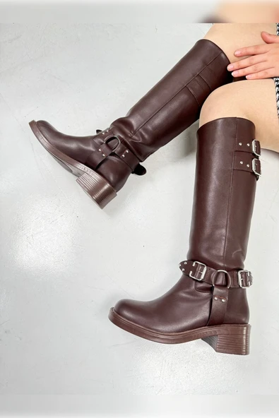 Günlük Kadın Çizme Kalın Tırtıklı Taban Fermuarsız Toka Detaylı Oval Burunlu Esnek Rahat 385