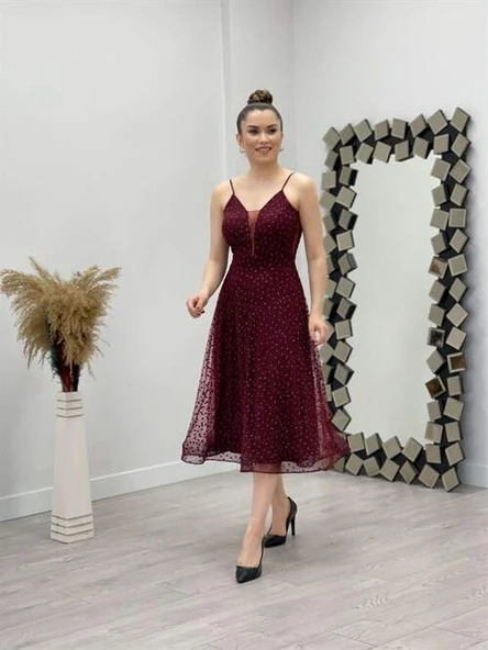 Çiçek Sim Baskılı Midi Elbise - BORDO