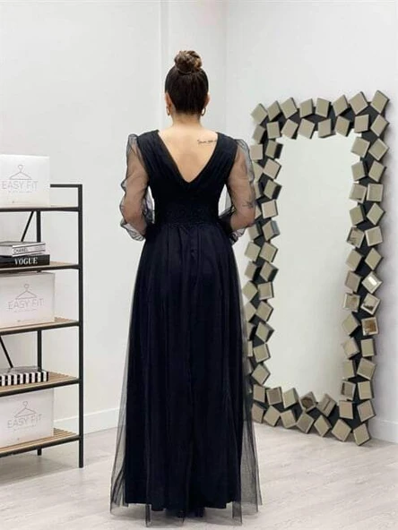 Kolu Beli Boncuk Detaylı Elbise - SİYAH - 5