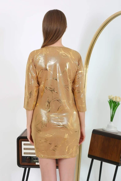 Angelino Kadın Micro Kumaş Mini Parlak Elbise 7420 Sarı - Resim 6