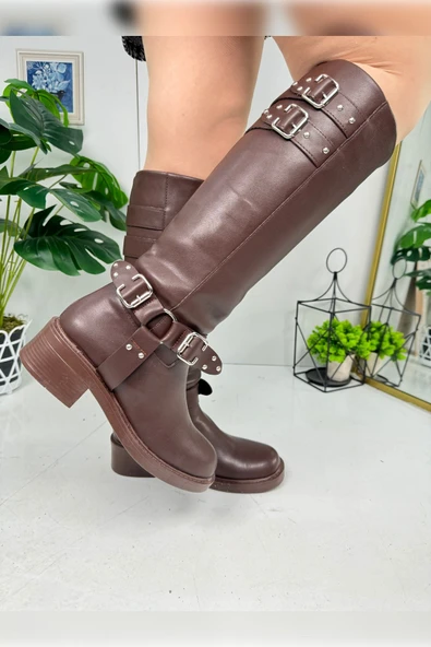 Günlük Kadın Çizme Kalın Tırtıklı Taban Fermuarsız Toka Detaylı Oval Burunlu Esnek Rahat 385 - 7