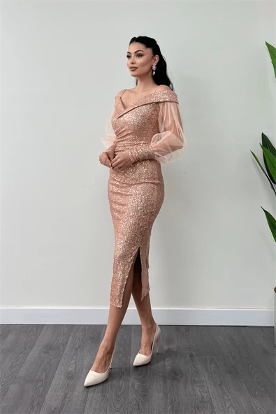Pul Payet Kumaş Kayık Yaka Kalem Elbise - GOLD - 2