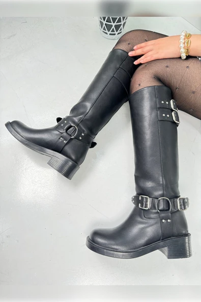 Günlük Kadın Çizme Kalın Tırtıklı Taban Fermuarsız Toka Detaylı Oval Burunlu Esnek Rahat 385 - 2