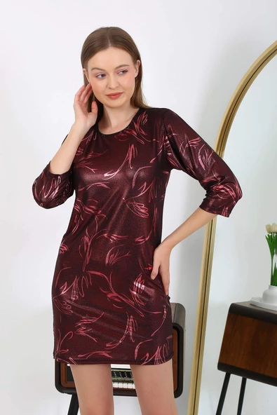 Angelino Kadın Micro Kumaş Mini Parlak Elbise 7420 Bordo