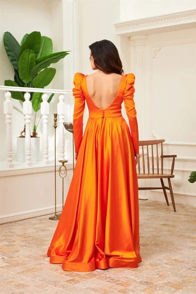 Orange Saten Sırtı Açık Uzun Nişanlık Elbise - 4