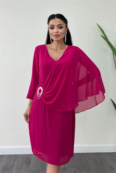 Atlas Kumaş Şifon Broş Detaylı Kalem Elbise - FUŞYA - Resim 3