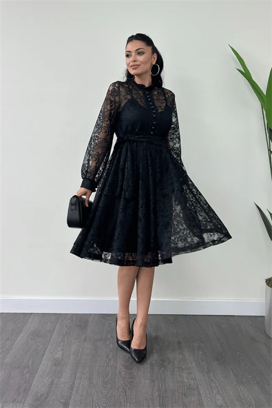 Dantel Kumaş Düğme Detaylı Mini Elbise - SİYAH - Resim 2