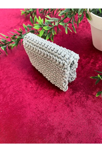 El Yapımı Gri Renk 3 Gözlü Polyester İp Tüylenmez Kadın Cüzdan/Kartlık