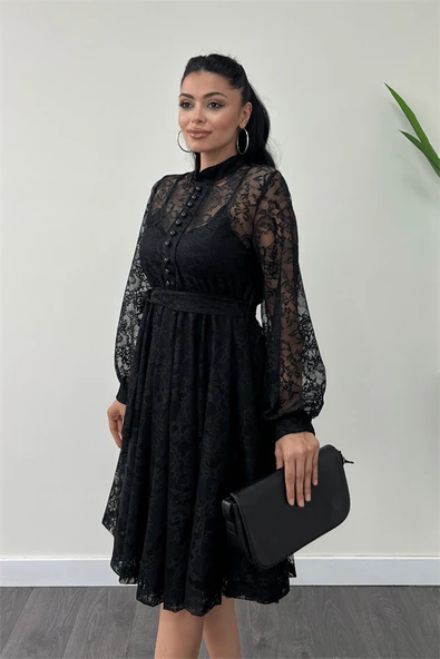 Dantel Kumaş Düğme Detaylı Mini Elbise - SİYAH - Resim 3