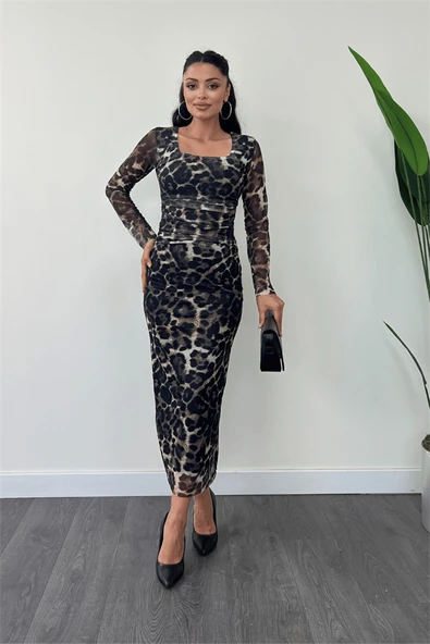 Tül Kumaş Büzgü Detaylı Kalem Elbise - ANTRASİT - Resim 2