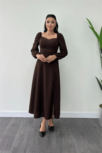 Krep Kumaş Kalp Yaka Midi Elbise - KAHVERENGİ - Resim 2