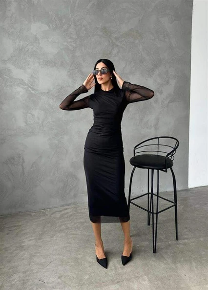 Tül Kumaş Drape Detaylı Kalem Elbise - SİYAH