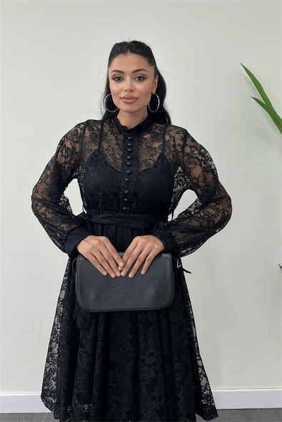 Dantel Kumaş Düğme Detaylı Mini Elbise - SİYAH - Resim 4