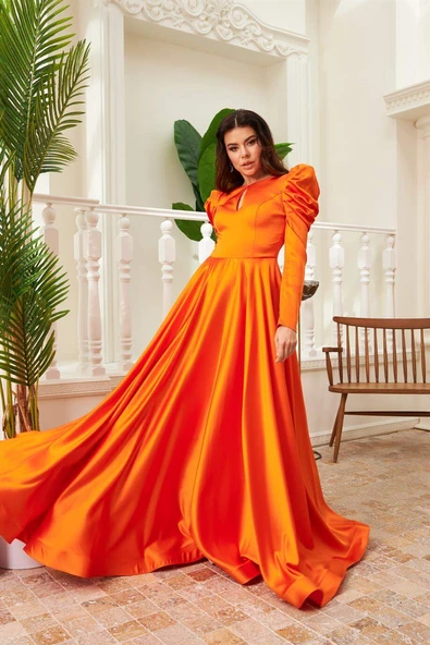 Orange Saten Sırtı Açık Uzun Nişanlık Elbise - 2