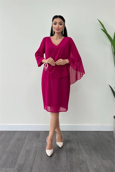 Atlas Kumaş Şifon Broş Detaylı Kalem Elbise - FUŞYA - Resim 2