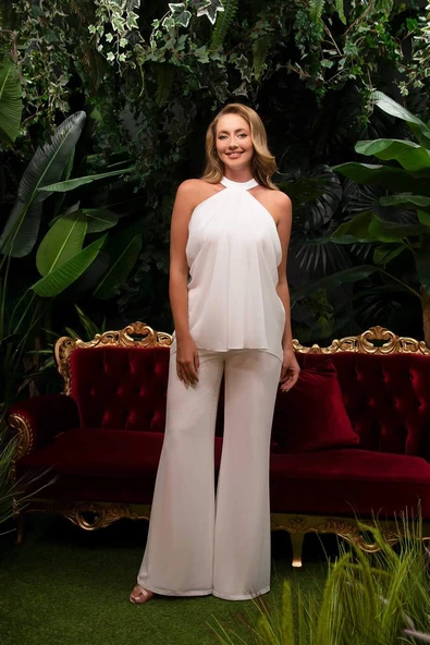 Ekru Şifon Boyundan Bağlamalı Tulum - 3