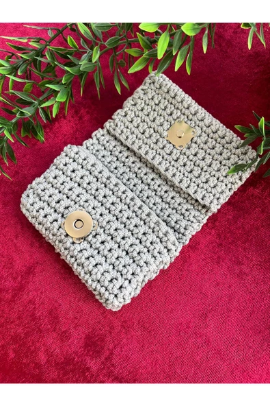 El Yapımı Gri Renk 3 Gözlü Polyester İp Tüylenmez Kadın Cüzdan/Kartlık - 2
