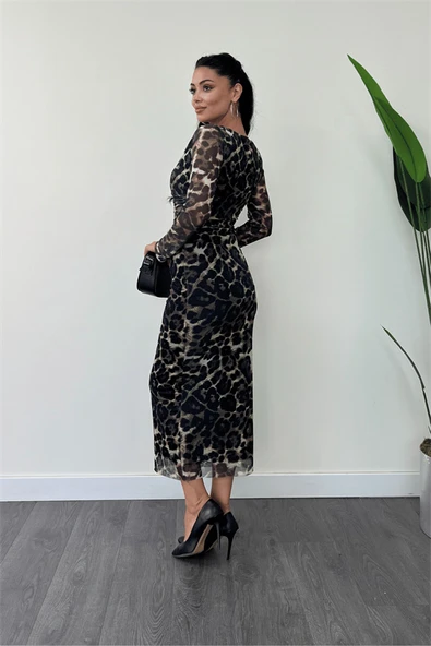 Tül Kumaş Büzgü Detaylı Kalem Elbise - ANTRASİT - Resim 5