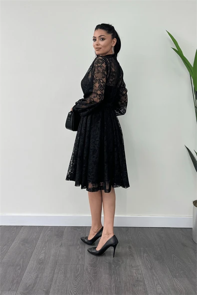 Dantel Kumaş Düğme Detaylı Mini Elbise - SİYAH - Resim 5
