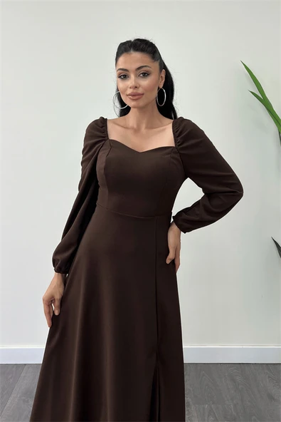 Krep Kumaş Kalp Yaka Midi Elbise - KAHVERENGİ - Resim 4