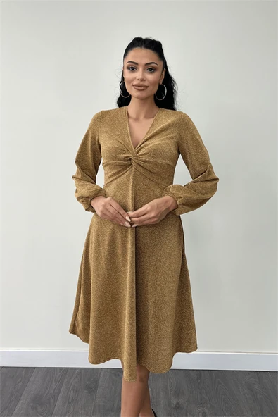 Pırıltılı Krep Kumaş Burgu Detaylı Midi Elbise - GOLD - Resim 3