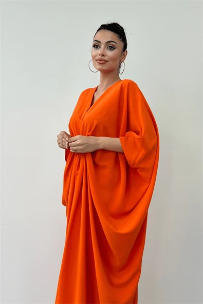 Krep Jesika Kumaş Yarasa Kol Elbise - TURUNCU - Resim 3