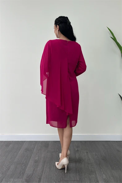 Atlas Kumaş Şifon Broş Detaylı Kalem Elbise - FUŞYA - Resim 5
