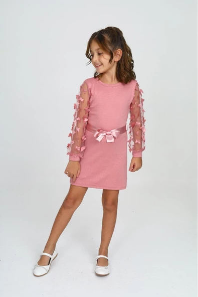 Kız Çocuk Kolları Tüllü Ve Aksesuarlı Elbise 12130 - 7